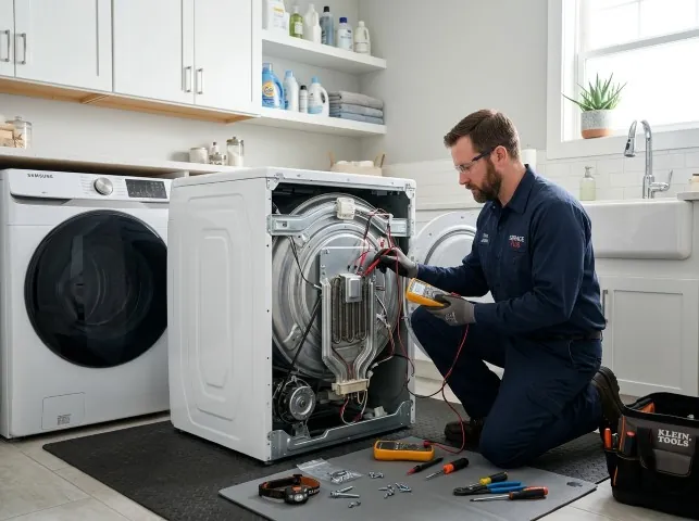Appliance Repair Hero technician checking a dryer heating element with the rear panel off in Bells, TX