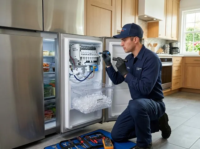Appliance Repair Hero technician repairing a refrigerator ice maker in Bells, TX