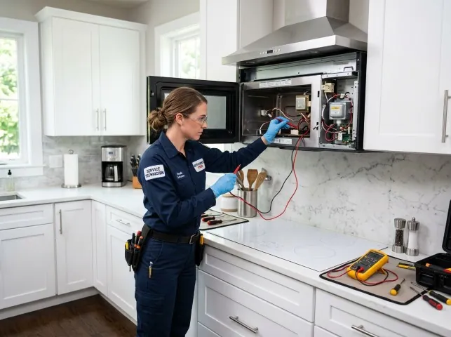 Appliance Repair Hero technician testing an over-the-range microwave in a Bells, TX kitchen