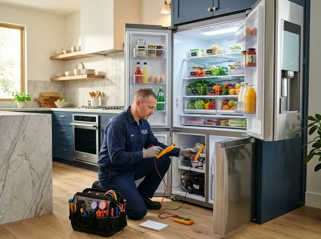 Appliance Repair Hero refrigerator technician testing a fridge on a Bells, TX service call