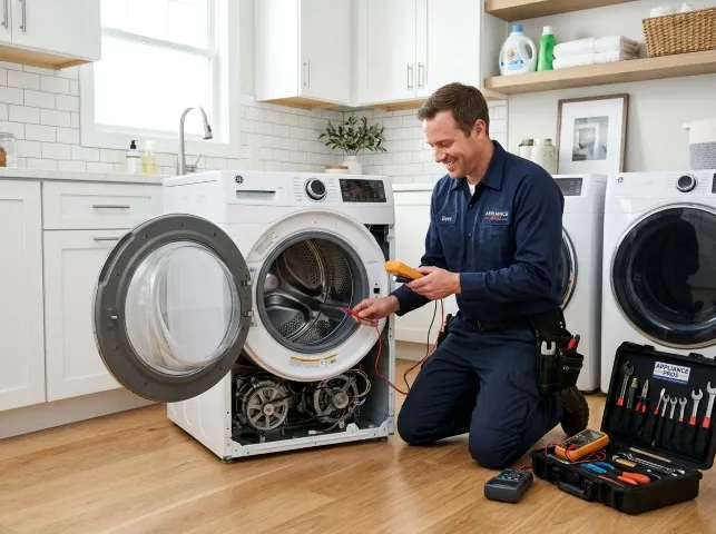 Appliance Repair Hero technician testing a front-load washer with a multimeter on a Bells, TX service call